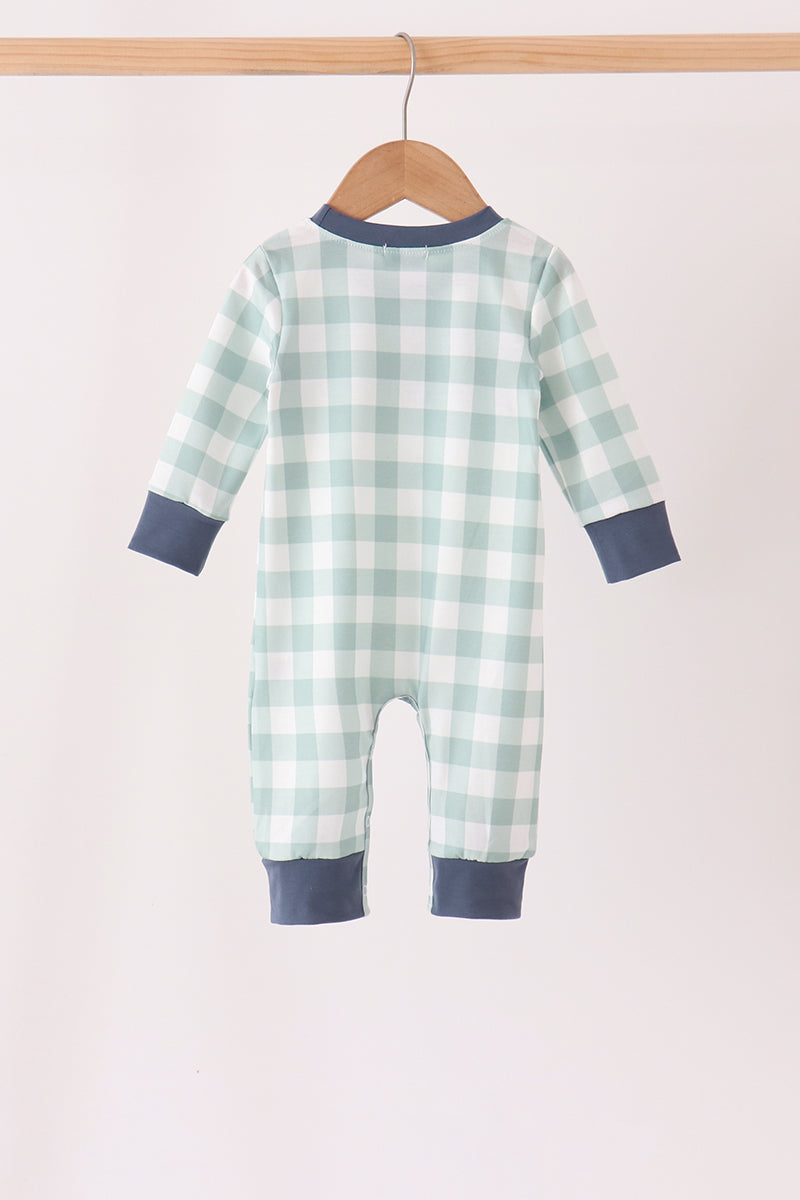 Sage Turkey Embroidery Gingham Romper