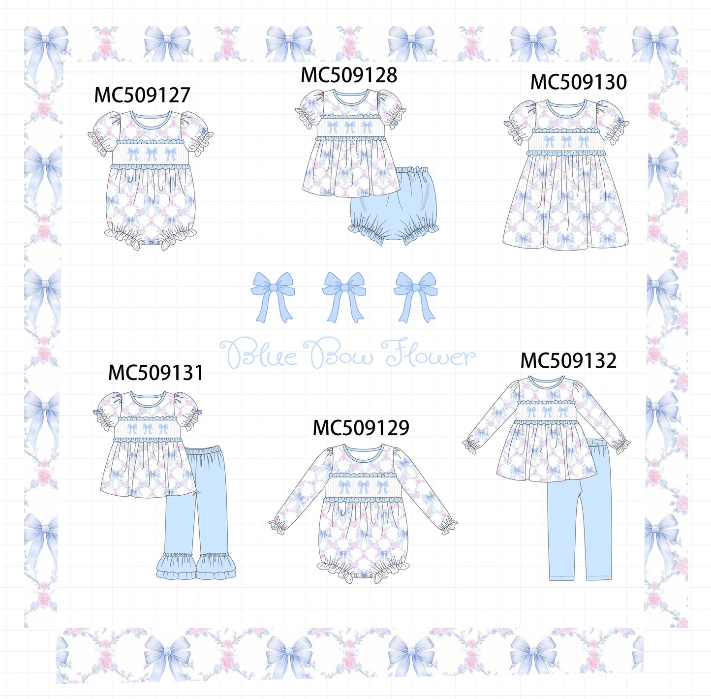 PO65 Blue bow floral smocked ruffle collection - closing 9/15- ETA late January