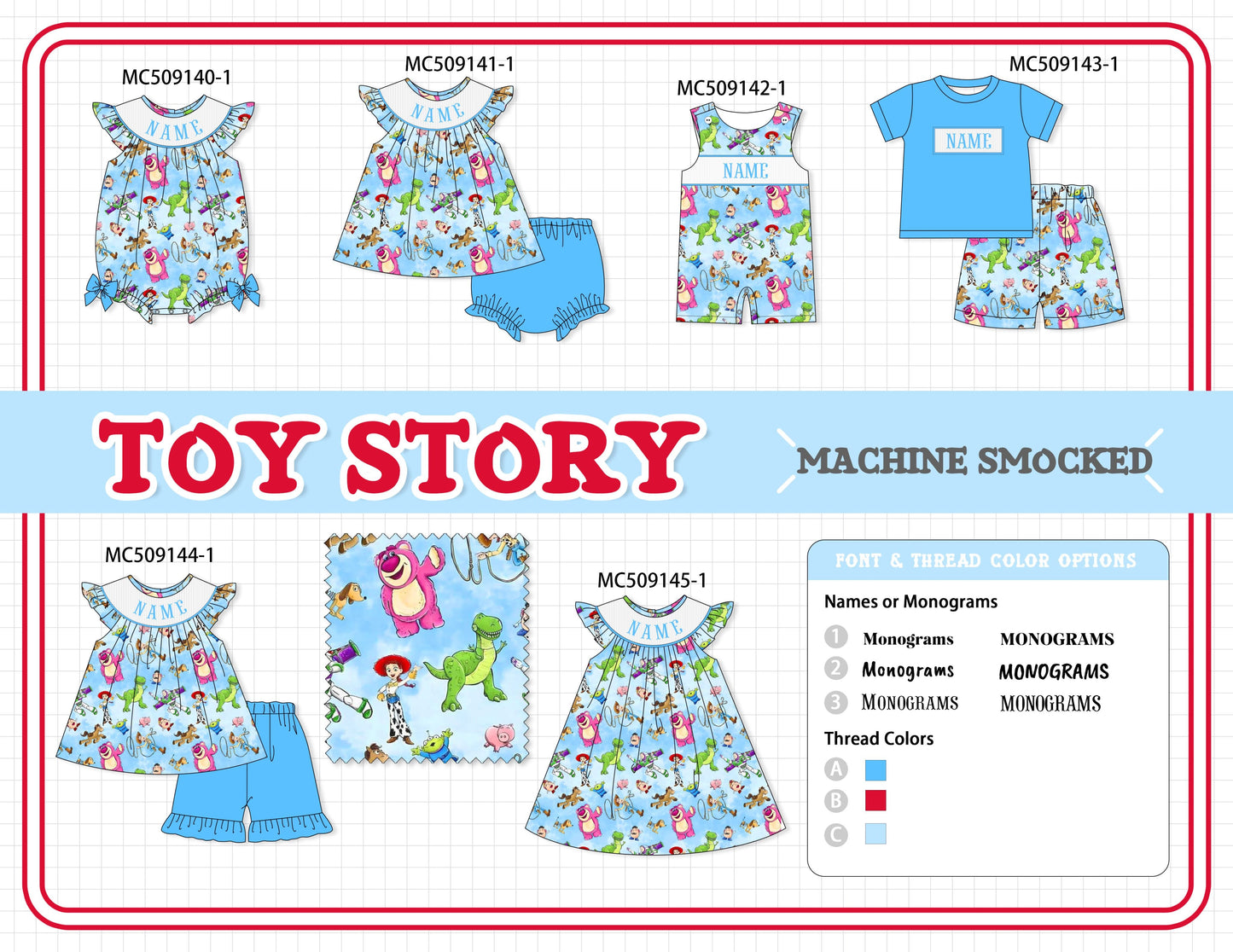 PO65 Blue character monogram smocked collection - closing 9/15- ETA late January