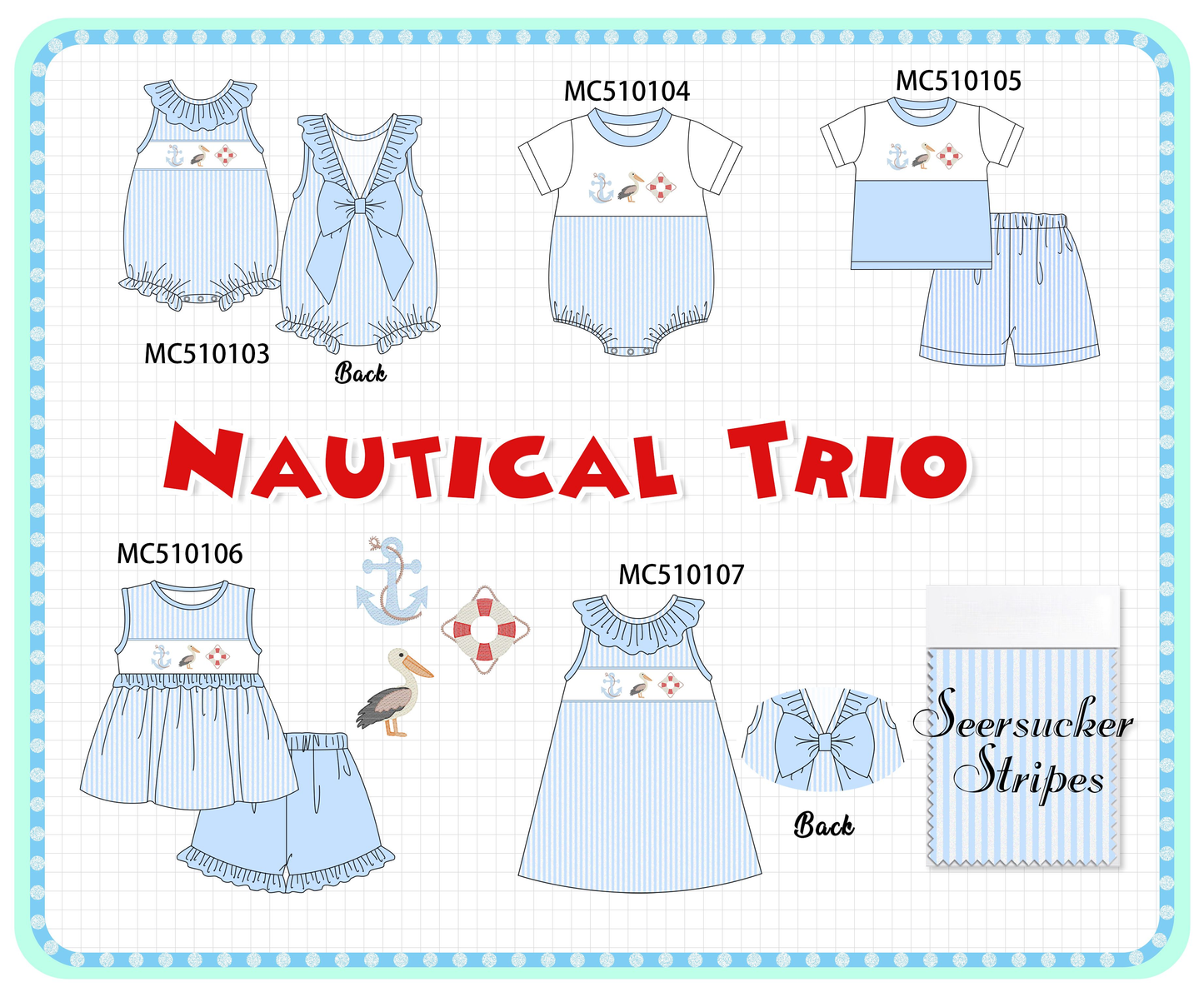 PO69 Blue nautical trio embroidery stripe collection- closing 10/27 - eta early march