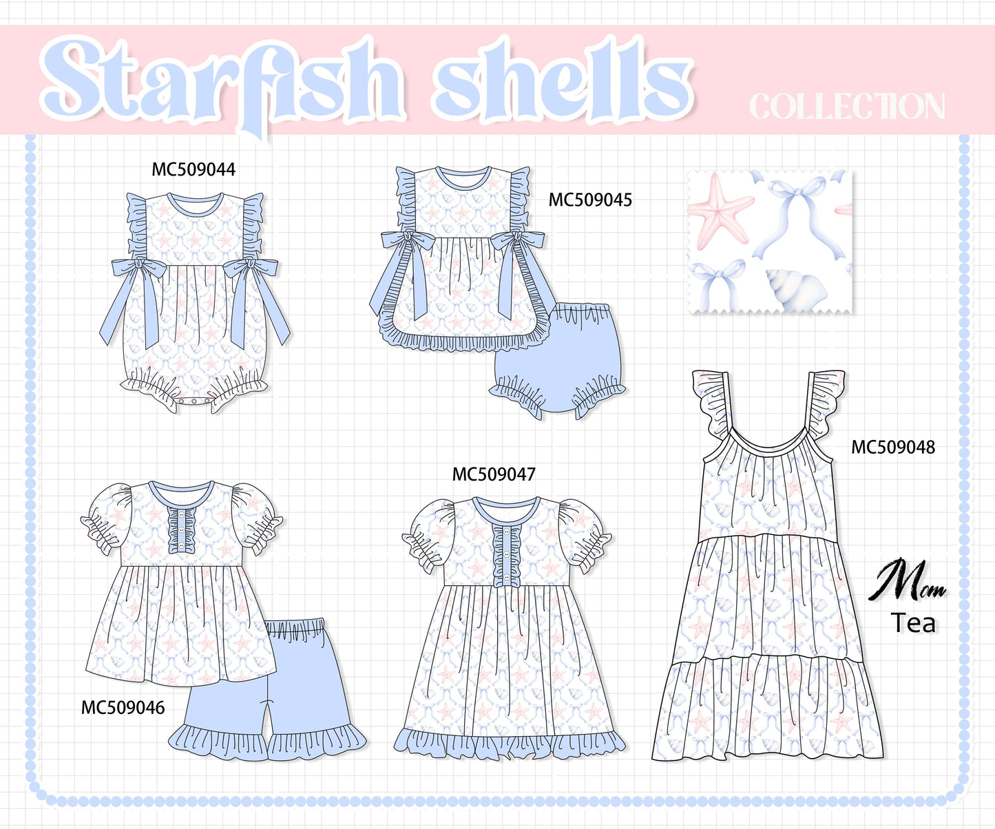 PO65 Blue starfish shell print ruffle collection - closing 9/15- ETA late January