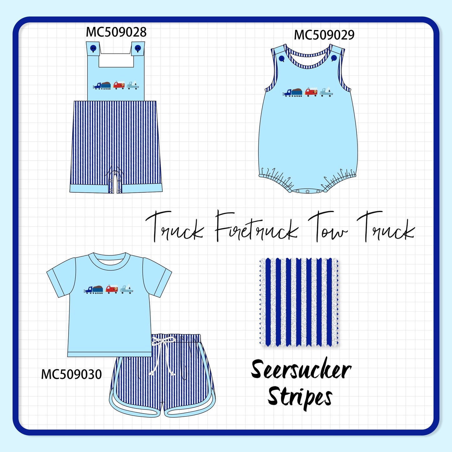 PO65 Blue truck embroidery seersucker stripe collection - closing 9/15- ETA late January