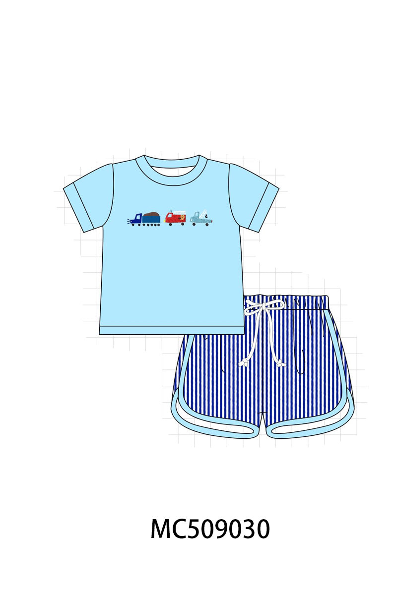 PO65 Blue truck embroidery seersucker stripe collection - closing 9/15- ETA late January