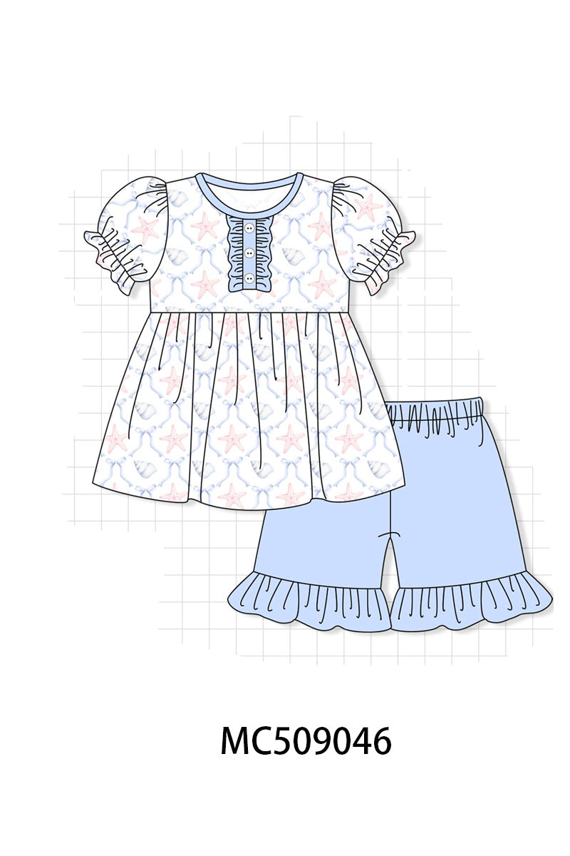 PO65 Blue starfish shell print ruffle collection - closing 9/15- ETA late January