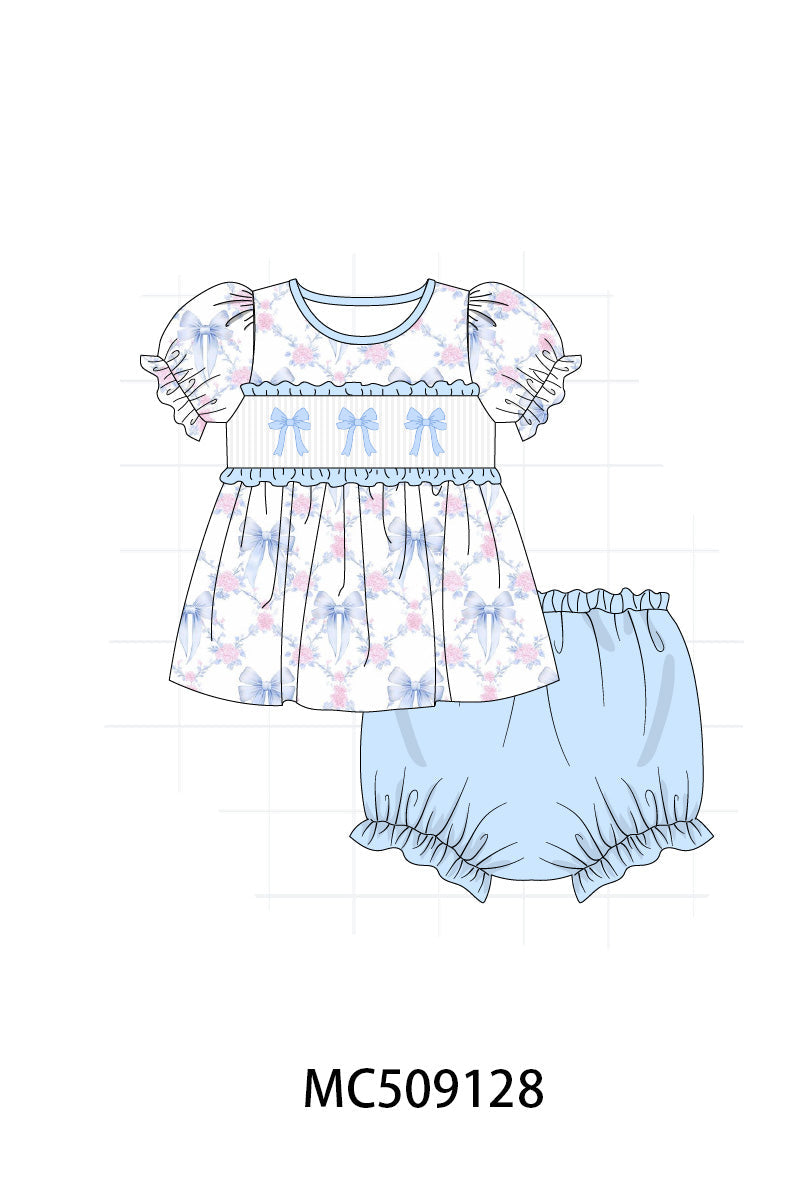 PO65 Blue bow floral smocked ruffle collection - closing 9/15- ETA late January