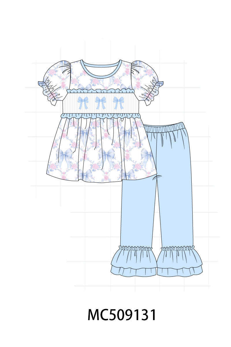 PO65 Blue bow floral smocked ruffle collection - closing 9/15- ETA late January
