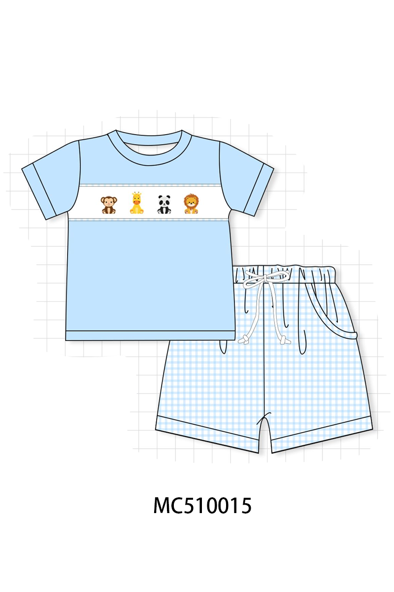 PO69 Blue zoo animal embroidery gingham collection- closing 10/27 - eta early march