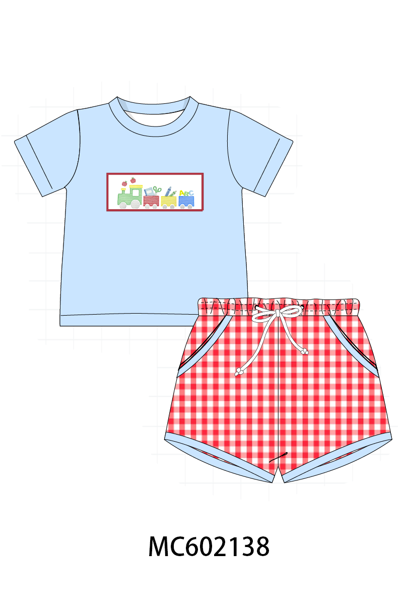 PO81 Pink&blue school train embroidery gingham collection - closing 2/16 - ETA July