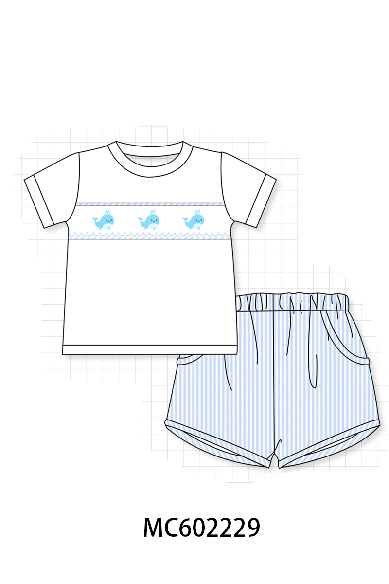 PO81 Blue stripe seersucker whale embroidery smocked collection - closing 2/16 - ETA July