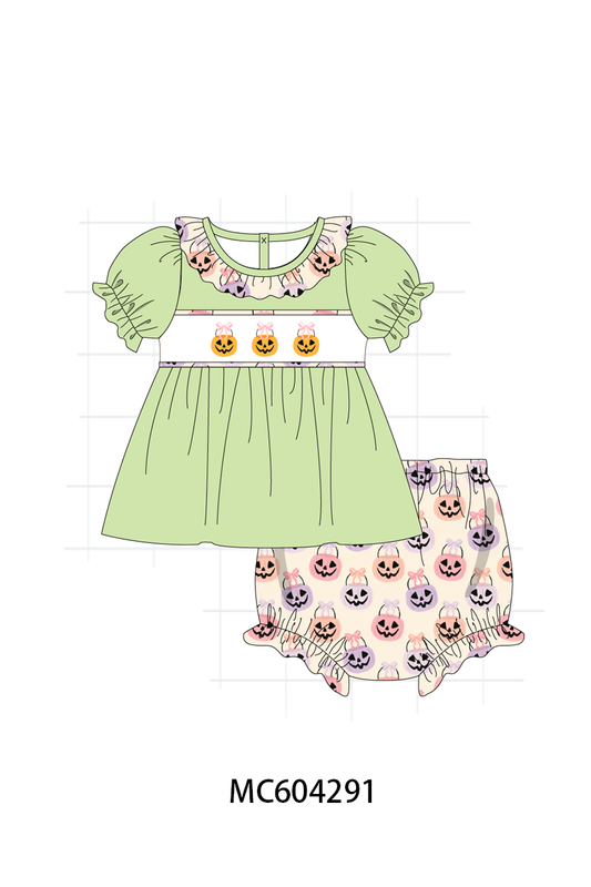 PO86 Green halloween pumpkin embroidery ruffle collection - closing 4/13 - ETA early September