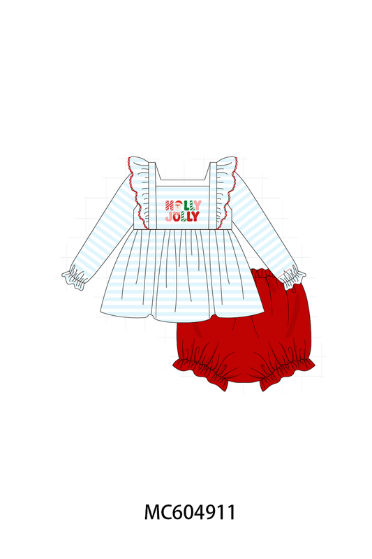 PO90 Blue stripe christmas holly jolly embroidery ruffle collection - closing 5/11 - ETA early October