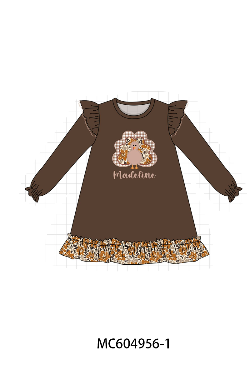 PO90 Brown thanksgiving turkey applique monogram embroidery floral ruffle collection - closing 5/11 - ETA early October