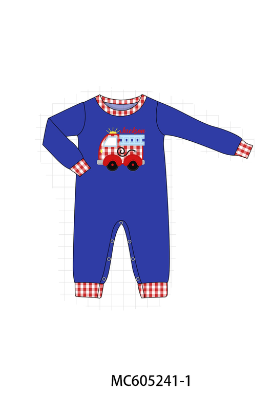 PO92 Blue fire truck monogram embroidery gingham collection - closing 5/25 - ETA late October