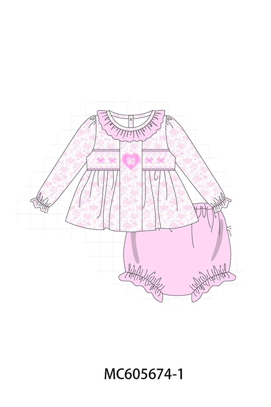 PO95 Pink bow monogram embroidery smocked ruffle collection - closing 6/22 - ETA late November