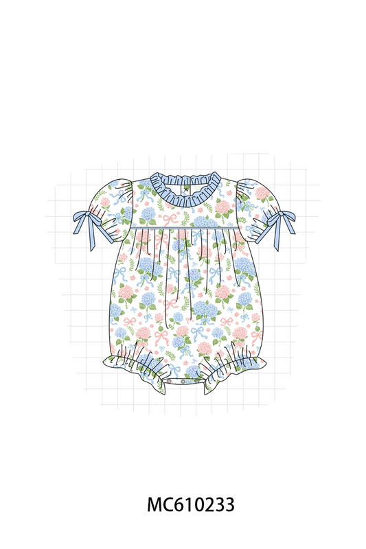 PO108 Blue hydrangea bow print ruffle collection - closing 10/26 - ETA march
