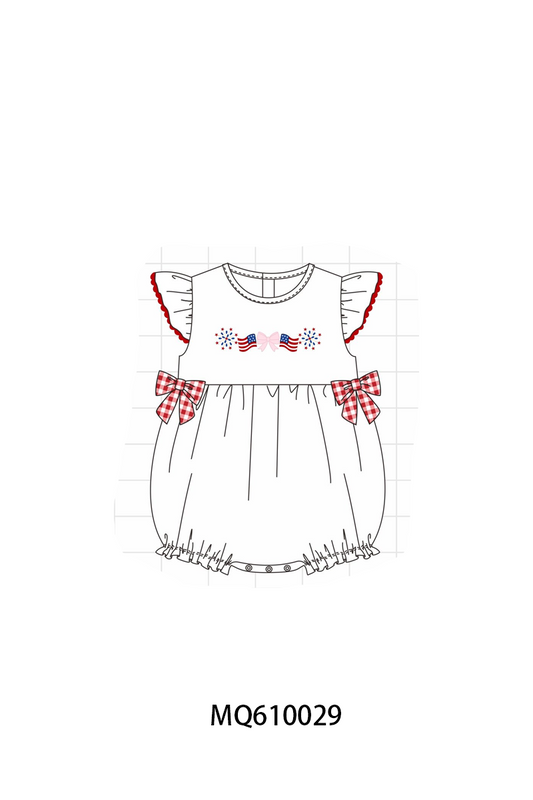 PO109 White Patriotic flage bow embroidery ruffle collection -closing 11/2- ETA May