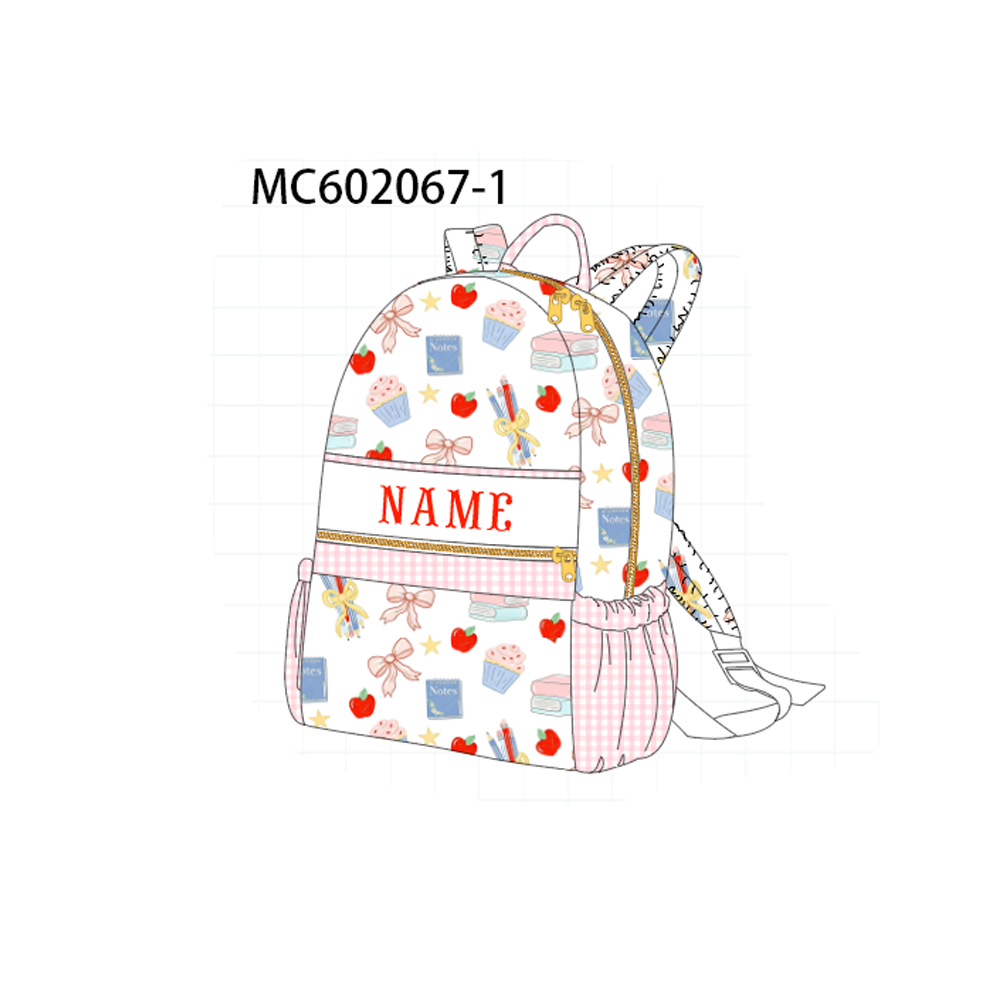 PO81 Pink apple bow book print monogram embroidery backpack - closing 2/16 - ETA July