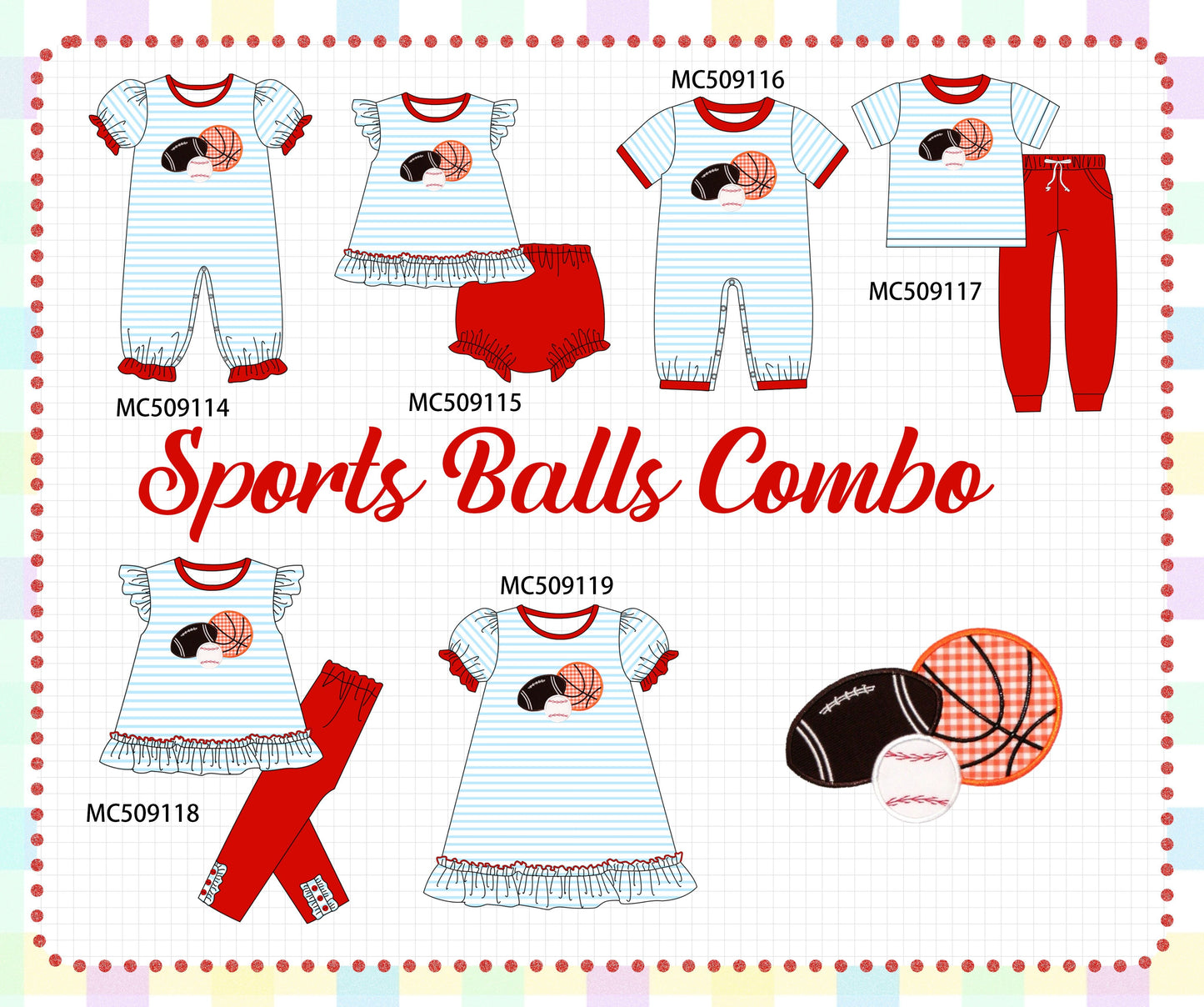 PO65 Red stripe sports ball applique collection - closing 9/15- ETA late January