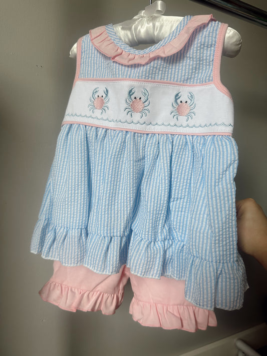 Girls blue crab embroidery seersucker short set