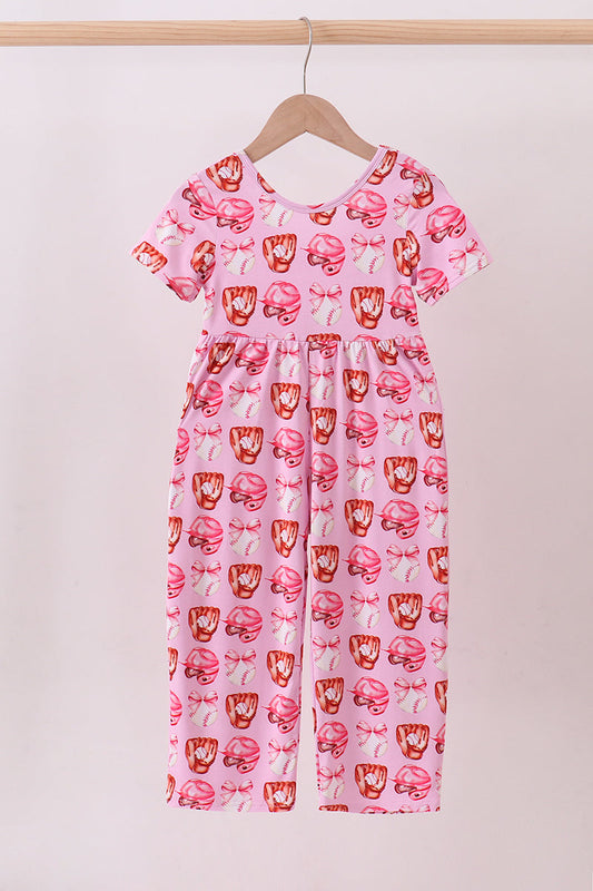 Pink bow baseball bamboo jumpsuit