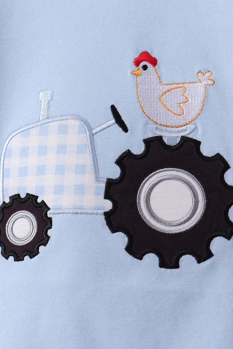 Blue tractor applique shorts set