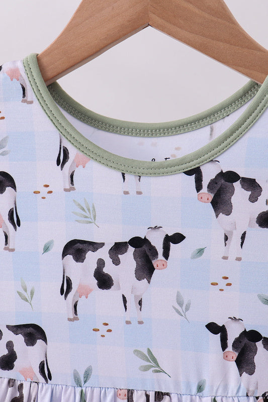 Blue cow print bamboo gingham dress