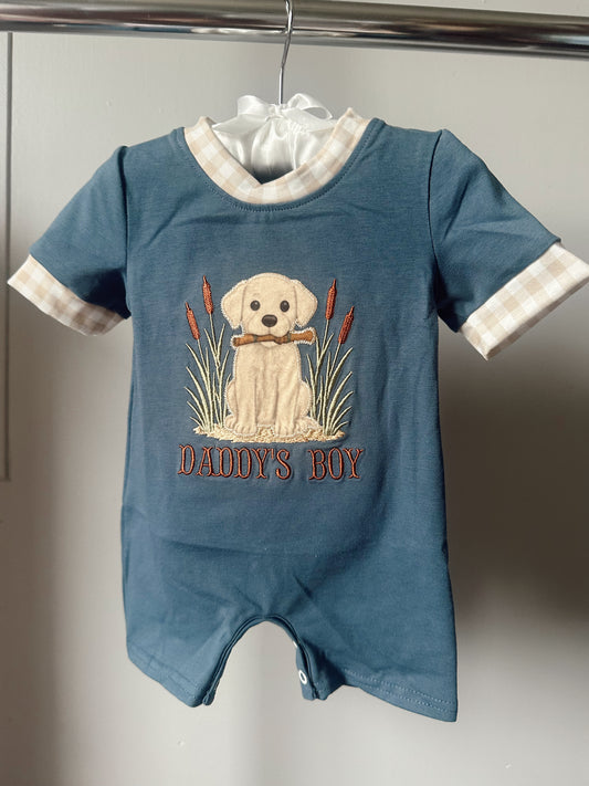 blue daddy's boy puppy romper