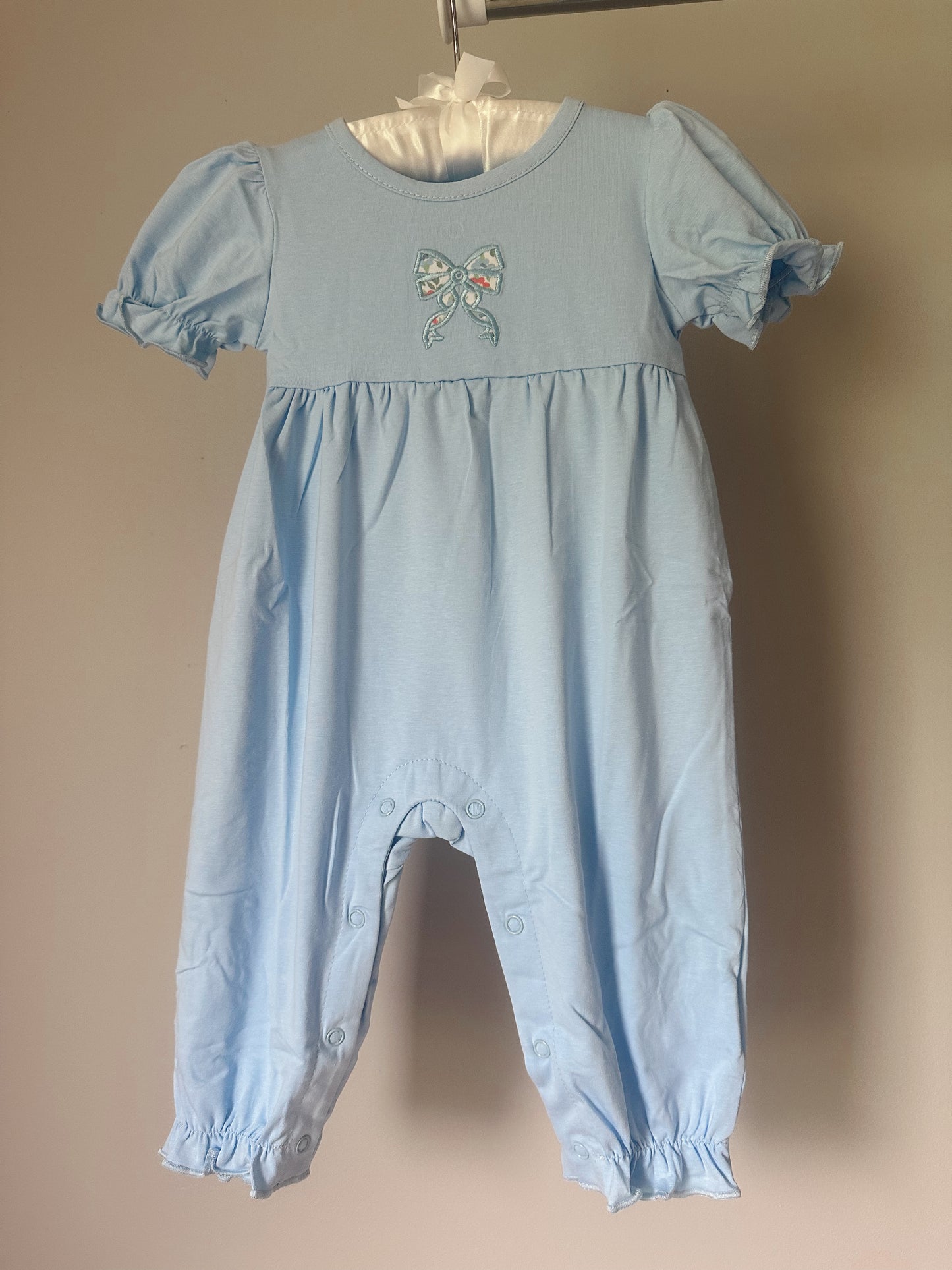 girls blue bow appliqué romper