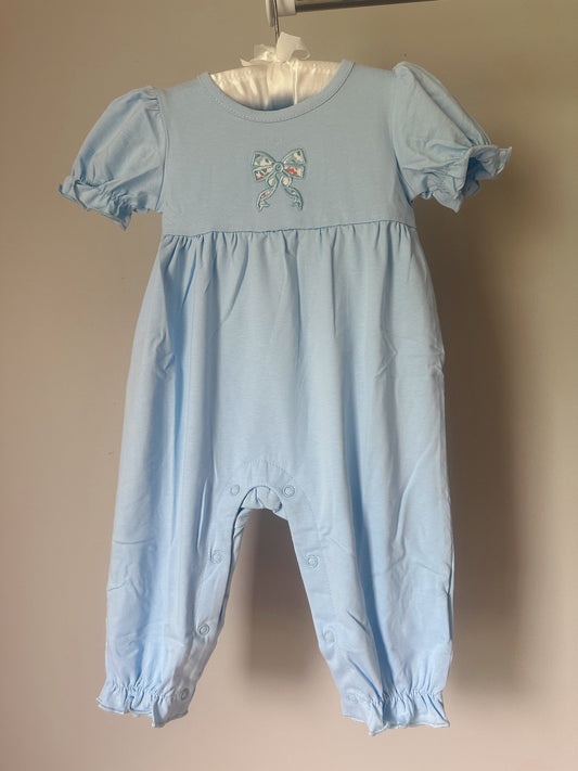 girls blue bow appliqué romper