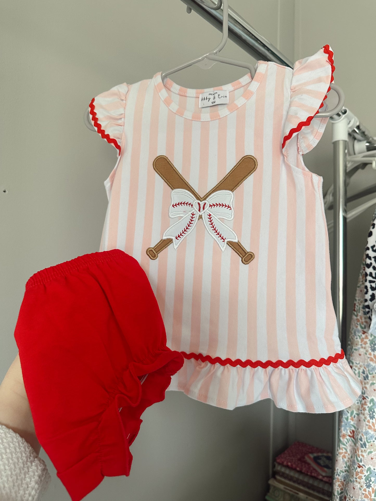 12M girls baseball bow diaper set