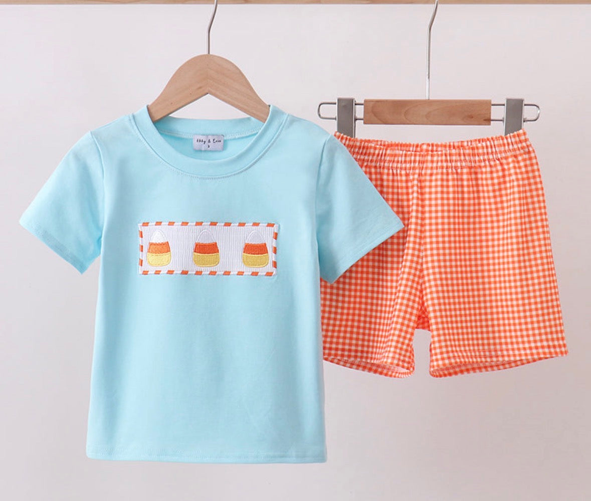 blue candy smocked gingham short set