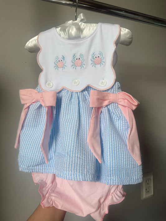 girls blue crab embroidery seersucker diaper set