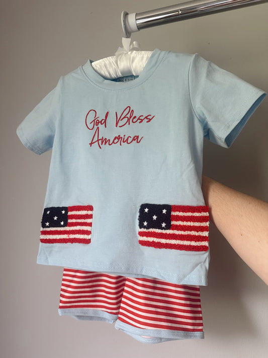 2T boys god bless America short set