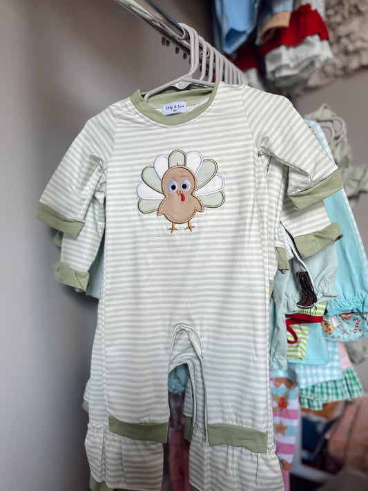 3M Boys green striped turkey romper