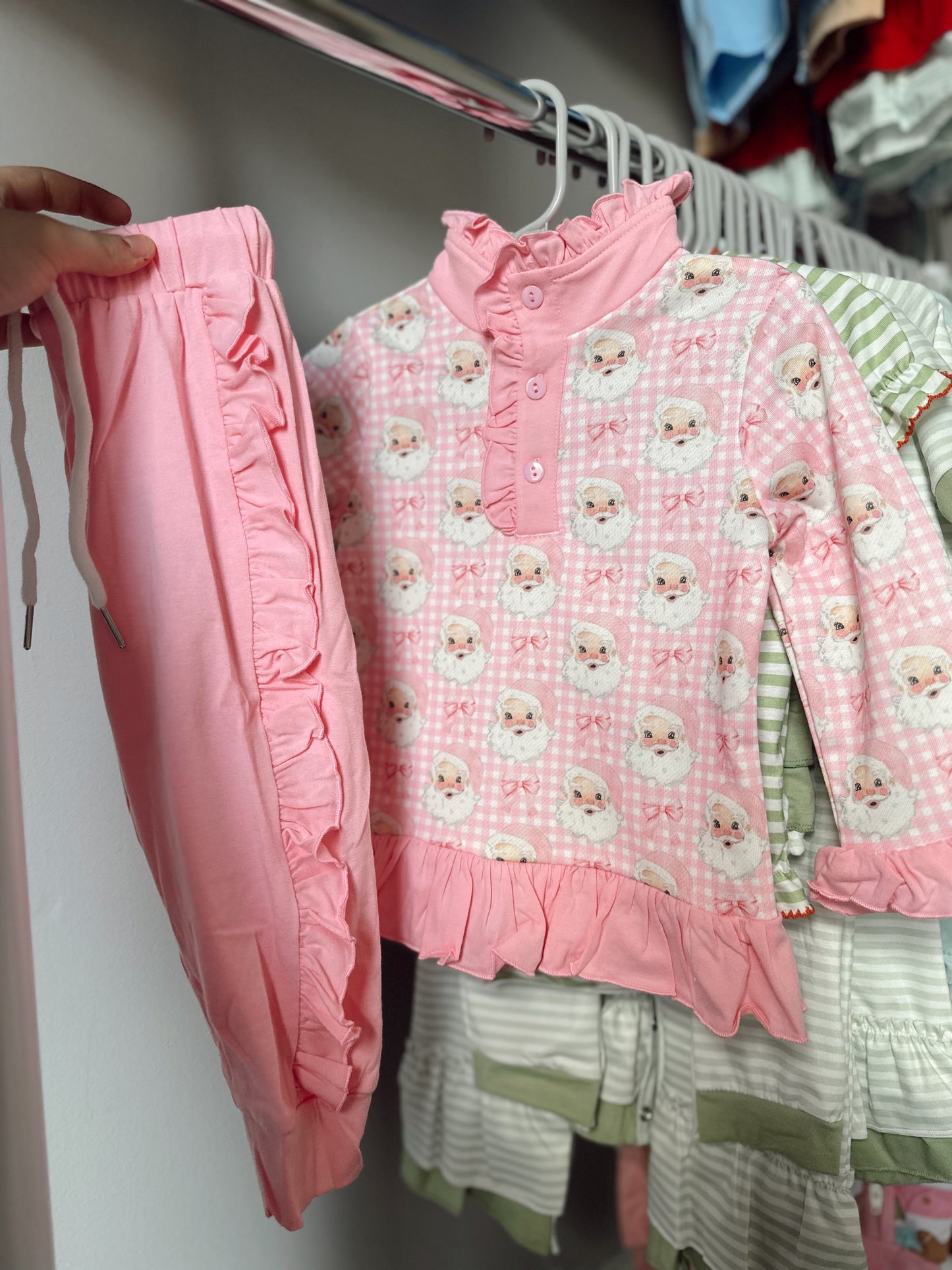 Girls pink Santa ruffle jogger set