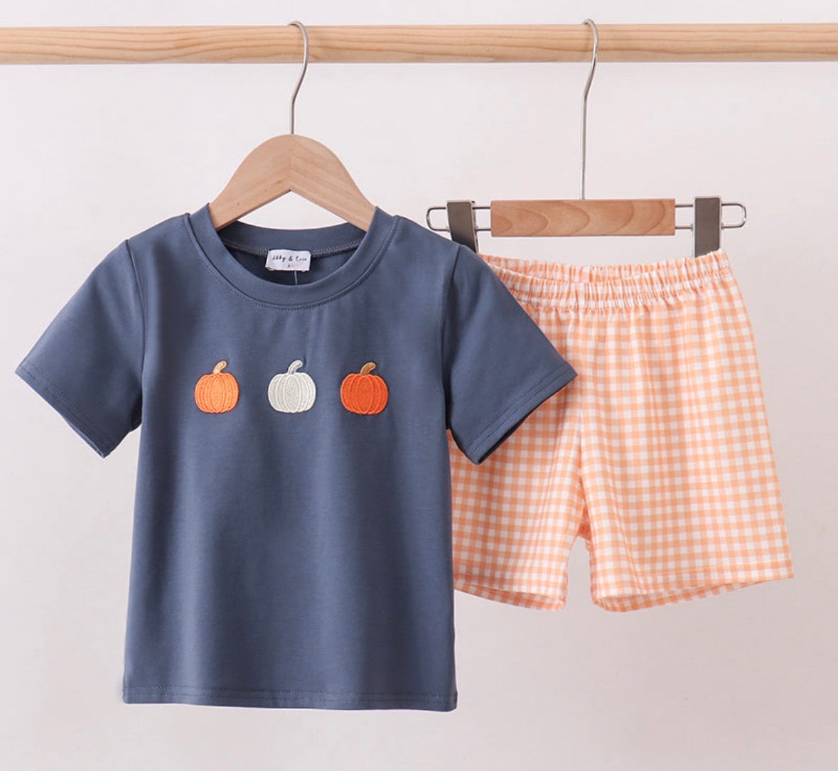 orange pumpkin embroidery gingham short set