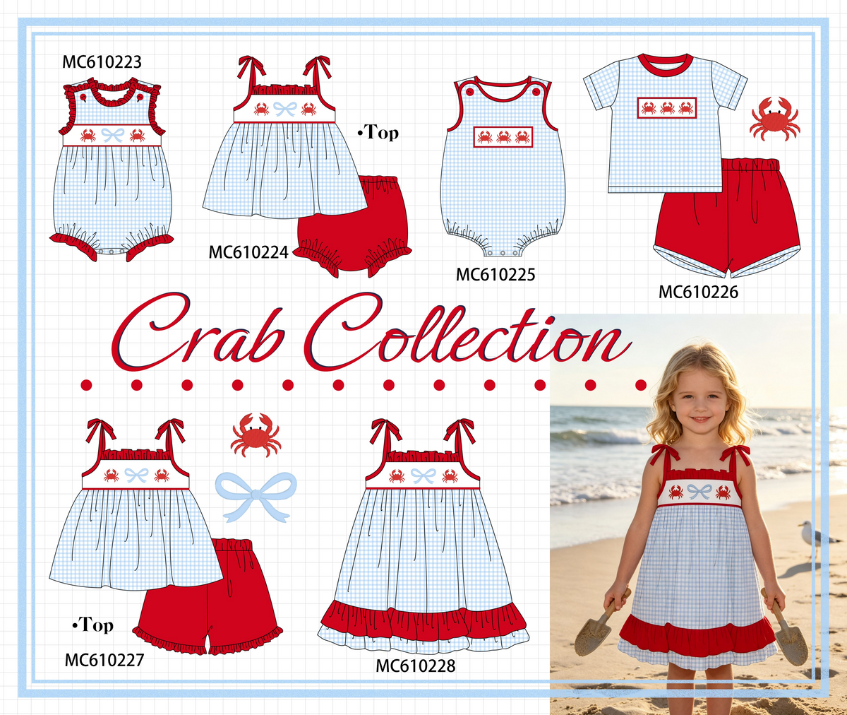 PO108 Blue crab bow embroidery grid ruffle collection - closing 10/26 - ETA march