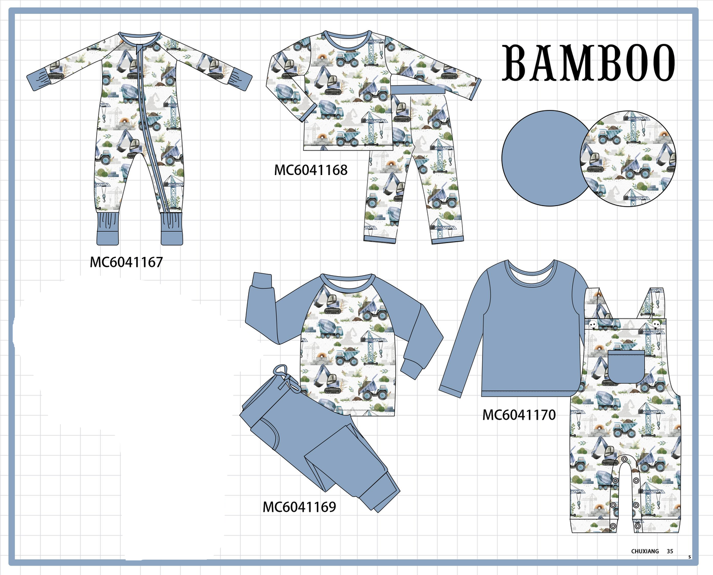 PO90 Blue excavator print bamboo collection - closing 5/11 - ETA early October