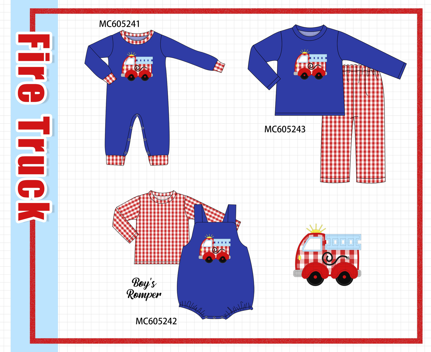 PO92 Blue fire truck applique gingham collection - closing 5/25 - ETA late October
