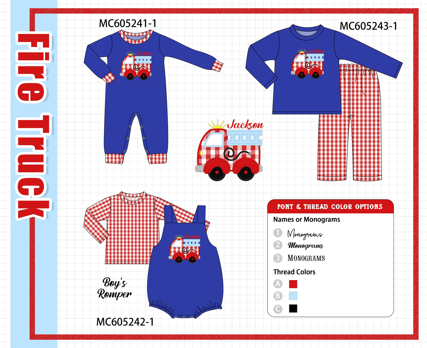 PO92 Blue fire truck monogram embroidery gingham collection - closing 5/25 - ETA late October
