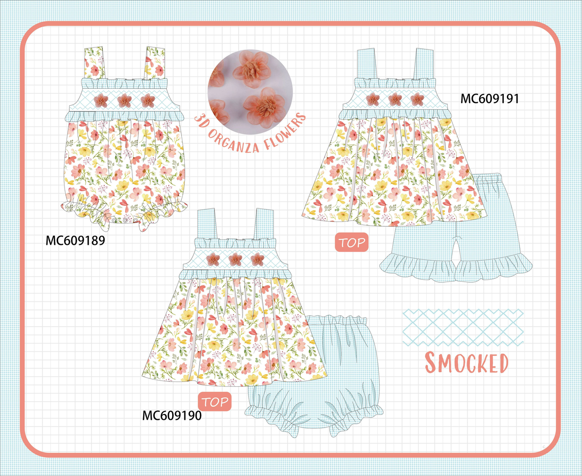 PO104 Blue floral 3D organza smocked gingham collection  - closing 9/14 - ETA February