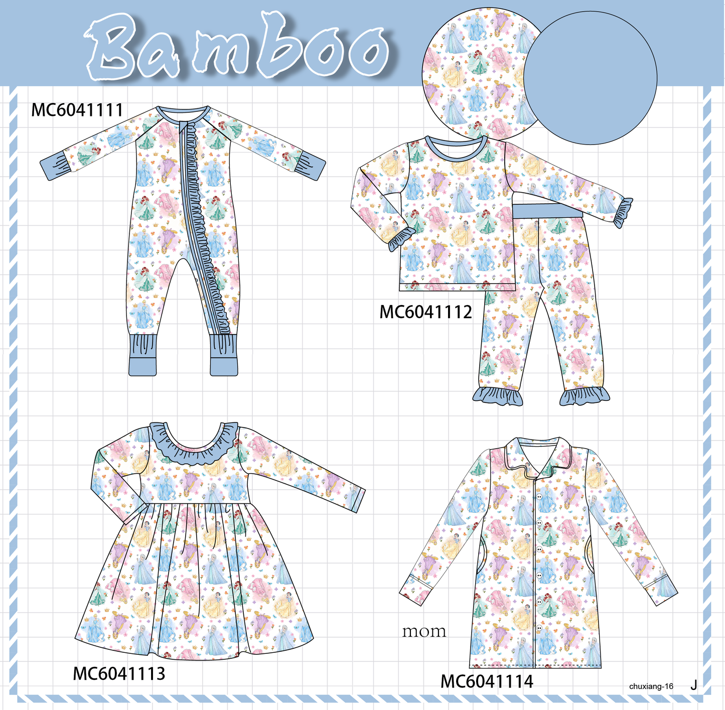 PO90 Blue princess print ruffle bamboo collection - closing 5/11 - ETA early October