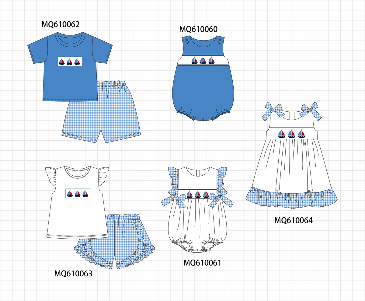 PO109 Blue sailboat embroidery gingham collection -closing 11/2- ETA May
