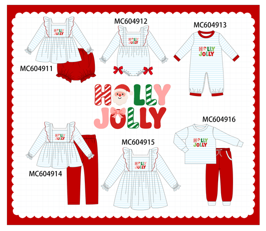 PO90 Blue stripe christmas holly jolly embroidery ruffle collection - closing 5/11 - ETA early October