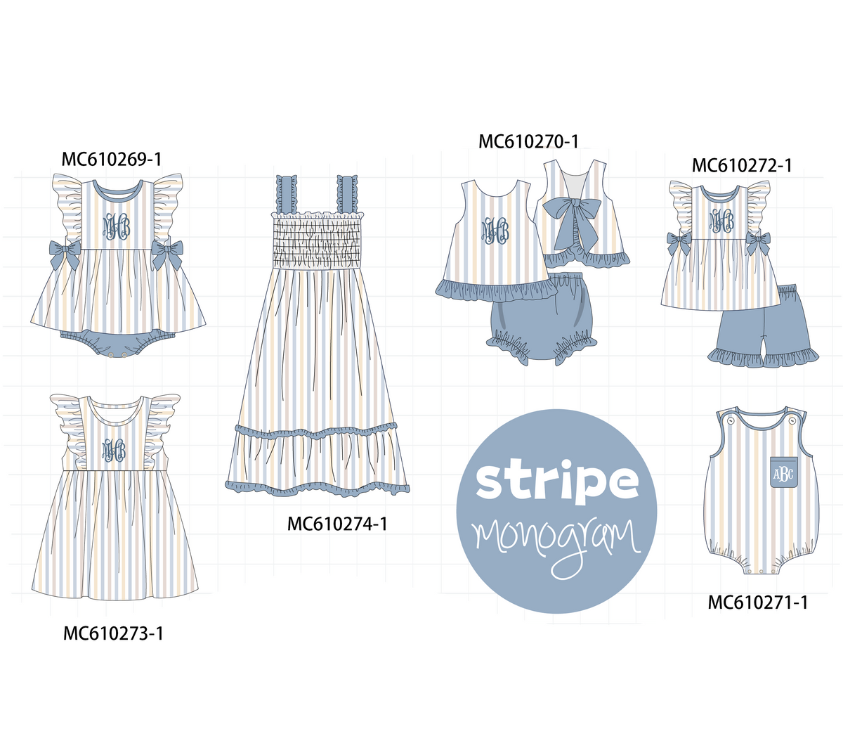 PO108 Blue stripe monogram embroidery ruffle collection 1 - closing 10/26 - ETA march
