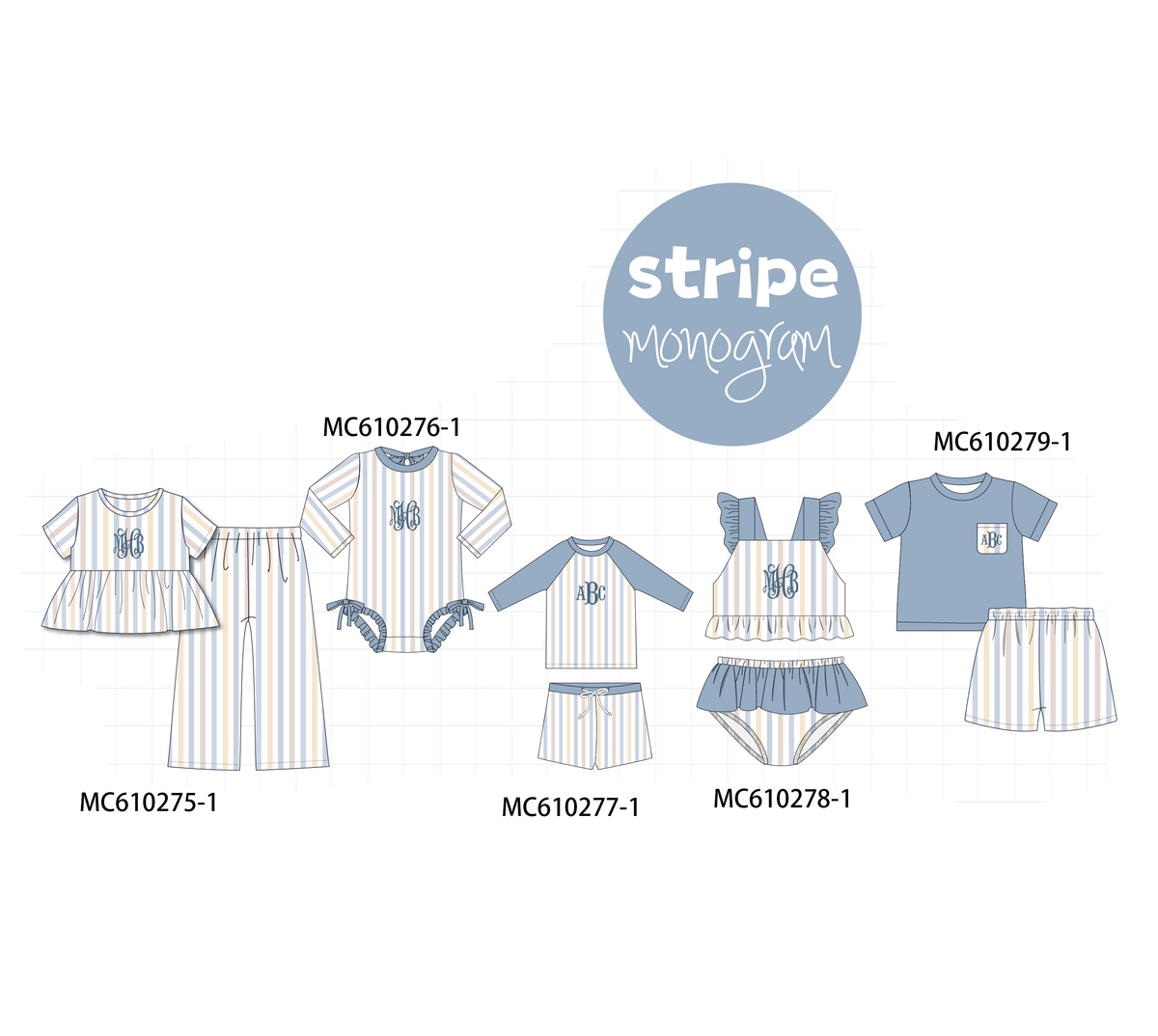 PO108 Blue stripe monogram embroidery ruffle collection 2 - closing 10/26 - ETA march