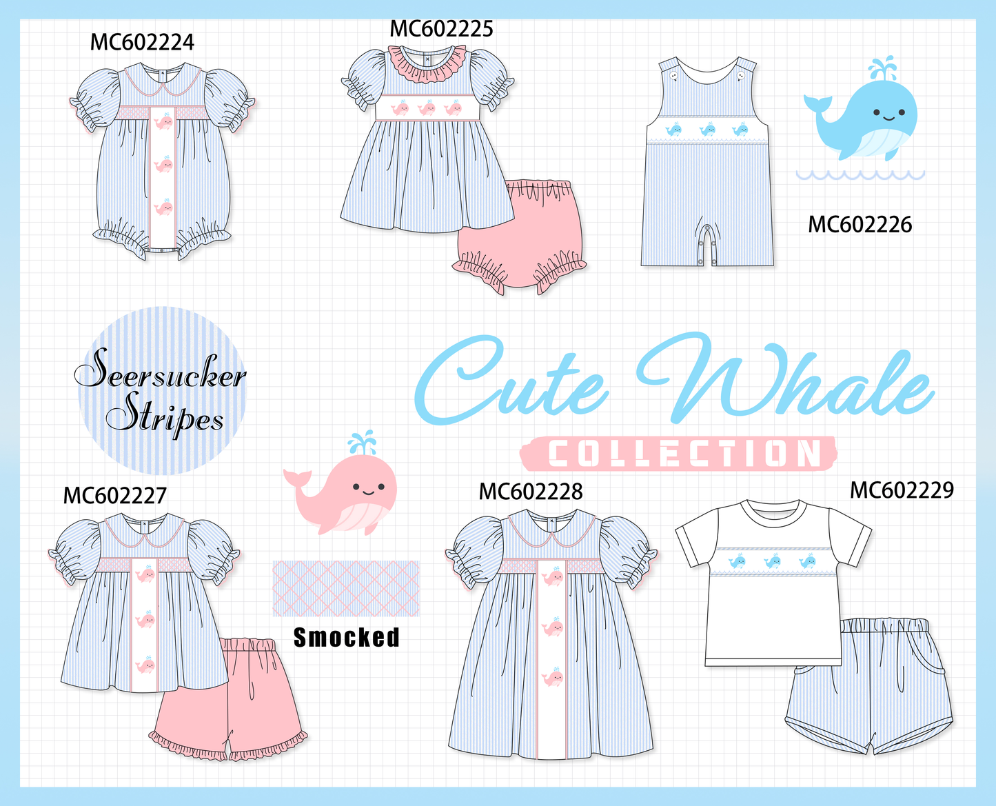 PO81 Blue stripe seersucker whale embroidery smocked collection - closing 2/16 - ETA July