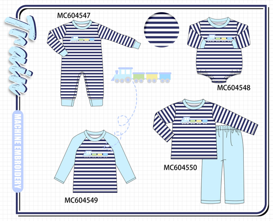 PO88 Blue stripe train embroidery collection - closing 4/27 - eta late September