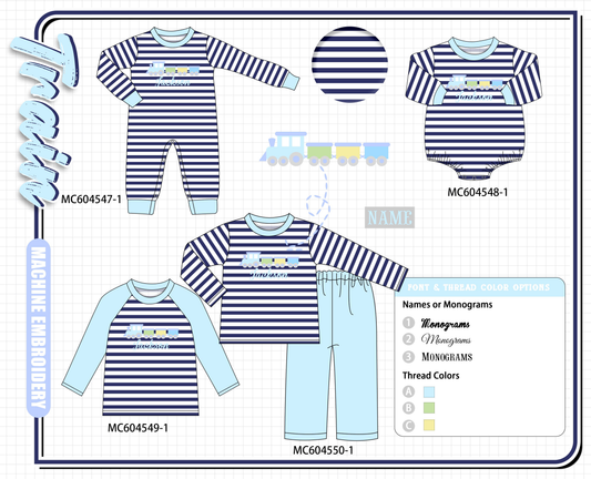 PO88 Blue stripe train monogram embroidery collection - closing 4/27 - eta late September