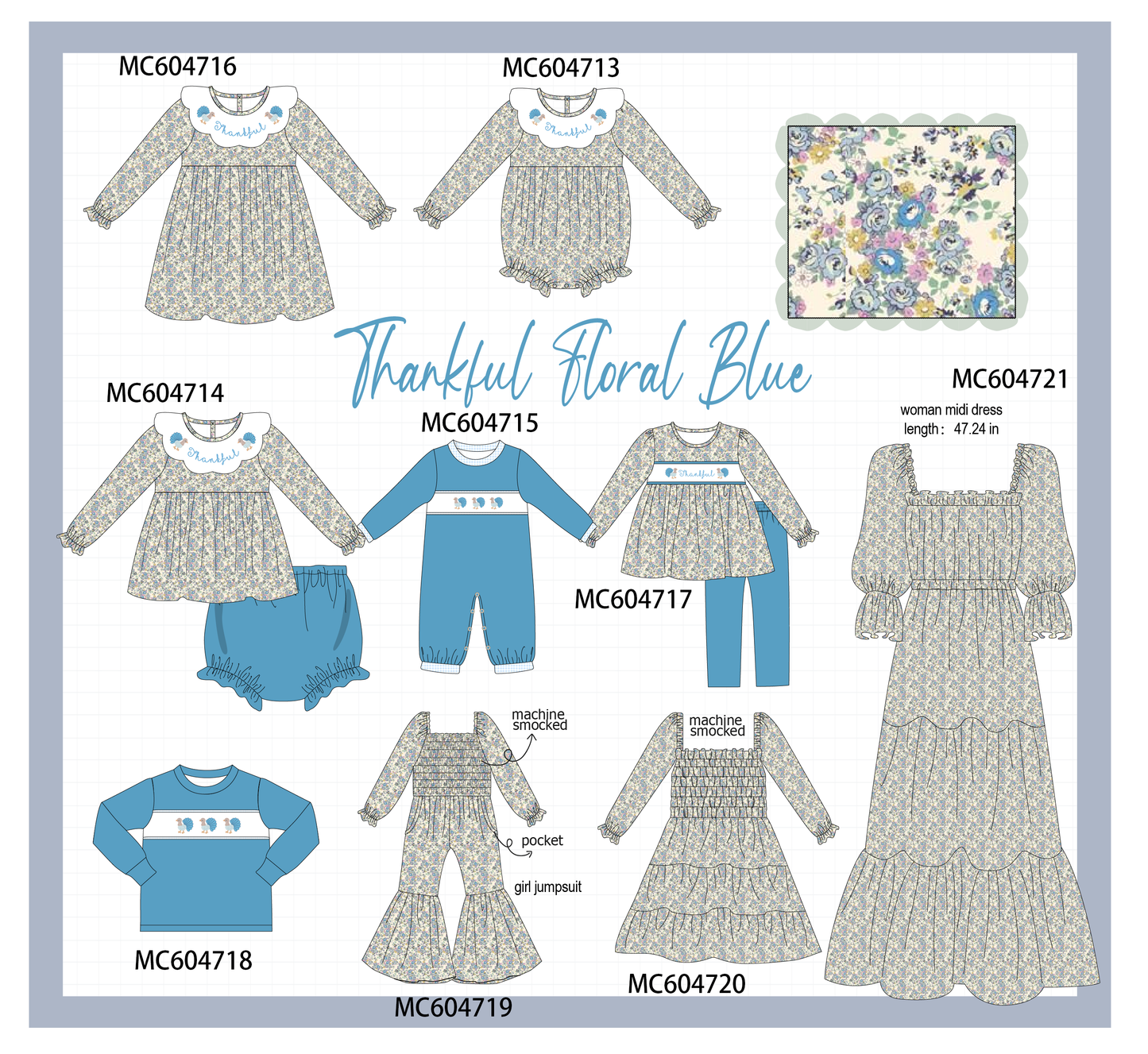 PO88 Blue thankful turkey embroidery floral collection - closing 4/27 - eta late September